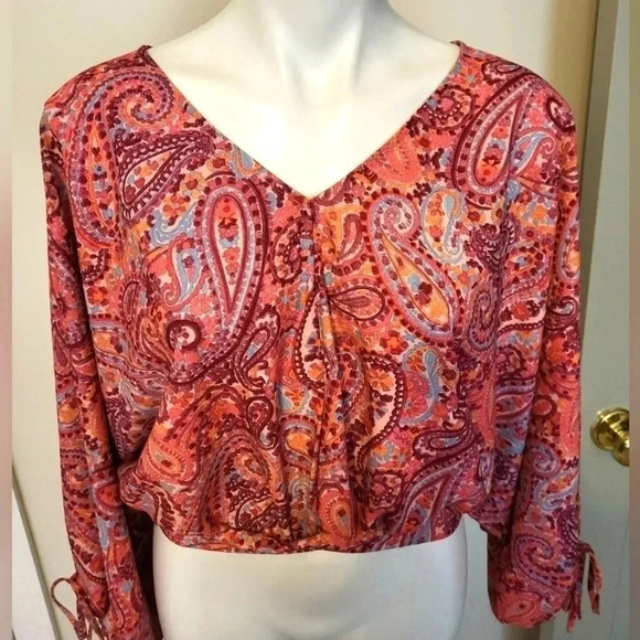 NWT Umgee Multicolored Paisley Print Long Balloon Puff Sleeve V-Neck Blouse(S) - Picture 6 of 13
